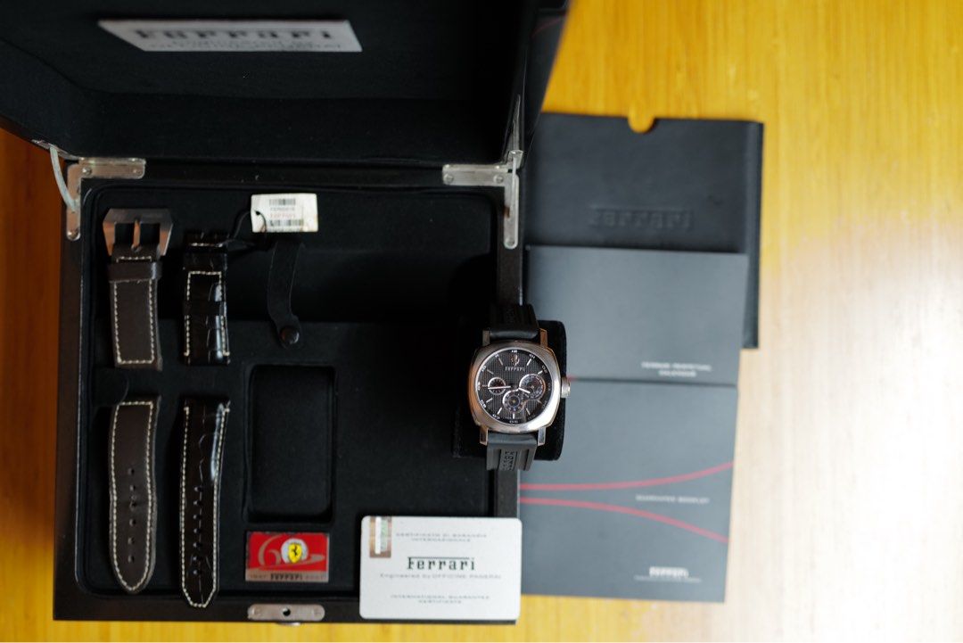 Panerai X Ferrari Perpetual Calendar Limited Edition Steel FER00015 (Category: Watches) located in Singapore. Submitted by watch.estate (Listing ID 1403347633, Image 3). Description: *Rare Perpetual Calendar Panerai Limited 247pcs* Condition 9+/10 Excellent condition with brand new black Ferrari rubber strap. - Early perpetual calendar complication - Rare Ferrari collaboration - Year 2010 - Special cushion case developed just for Ferrari - Limite