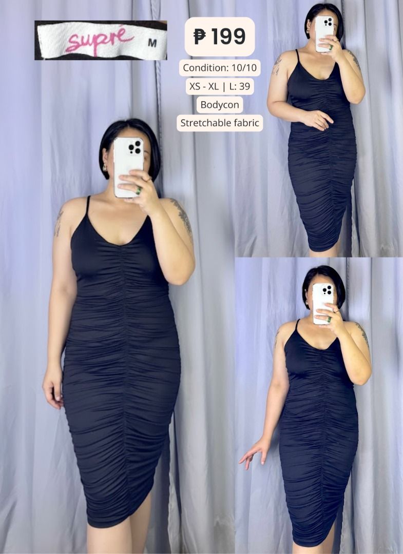Pre-loved Black Bodycon Midi Dress (Category: Dresses) located in Angeles City. Submitted by kaleah_2021 (Listing ID 1403349002, Image 1). Description: - Pre-loved - XS - XL - Stretchable + HQ fabric - L: 34 - Elegant black midi bodycon dress - Flattering ruched design - Fitted silhouette - Midi length - Perfect for a night out or special occasion.