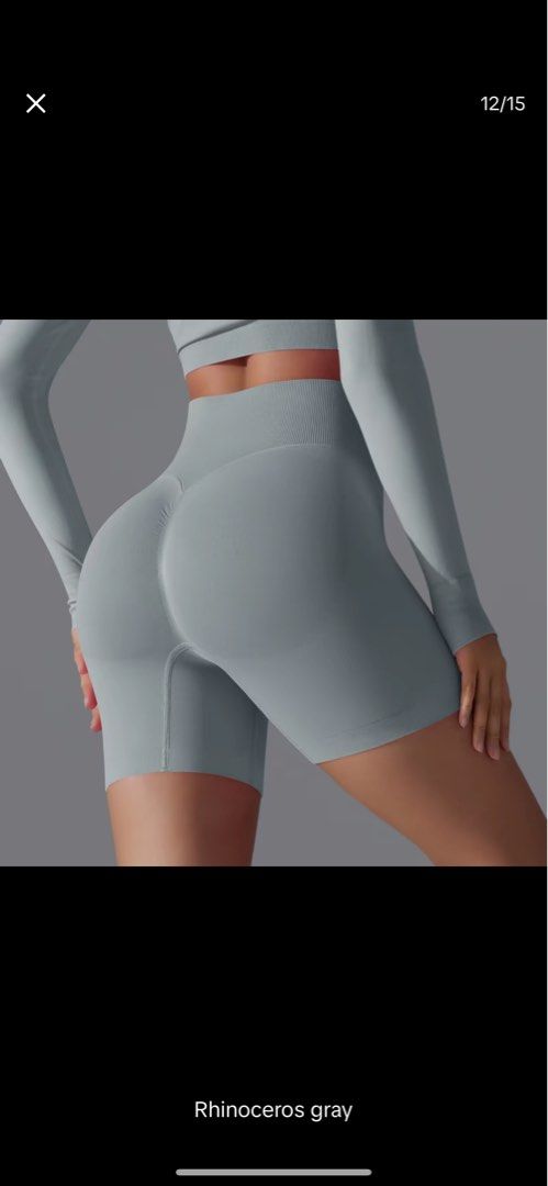 Seamless Ruched Shorts - Size S (Category: Shorts) located in Santa Rosa. Submitted by declutterbydl (Listing ID 1403347041, Image 1). Description: - Seamless shorts - Ruched back design - High-waisted ribbed waistband - Size: S - Color: Light green/grey - Material: 90% nylon, 10% spandex.