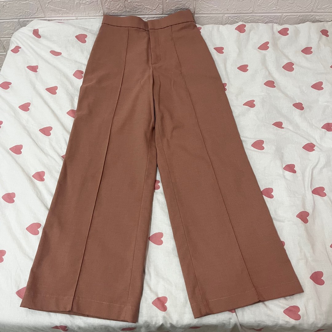 Pink Check Cotton Loose Wide-leg Slacks Pants_BDHL7638