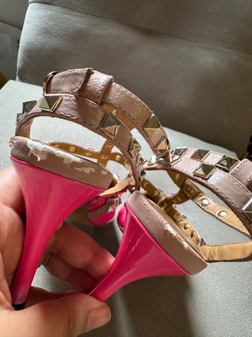 Valentino Garavani Rockstud Heels - Pink (Category: Heels) located in Manila. Submitted by ninibuys00 (Listing ID 1403379761, Image 3). Description: - Valentino Rockstud heels - Color: Pink - Size: 35 - Design: Pointed toe, t-strap, ankle strap - Signature pyramid studs .