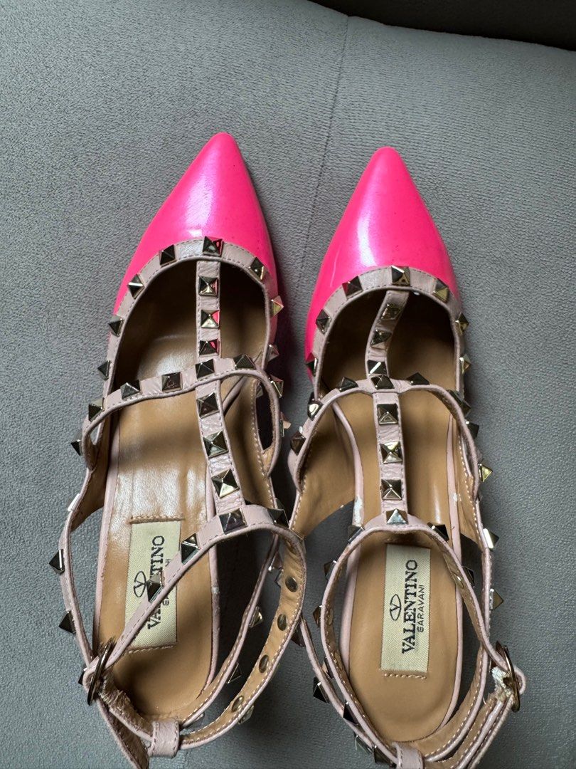 Valentino Garavani Rockstud Heels - Pink (Category: Heels) located in Manila. Submitted by ninibuys00 (Listing ID 1403379761, Image 2). Description: - Valentino Rockstud heels - Color: Pink - Size: 35 - Design: Pointed toe, t-strap, ankle strap - Signature pyramid studs .