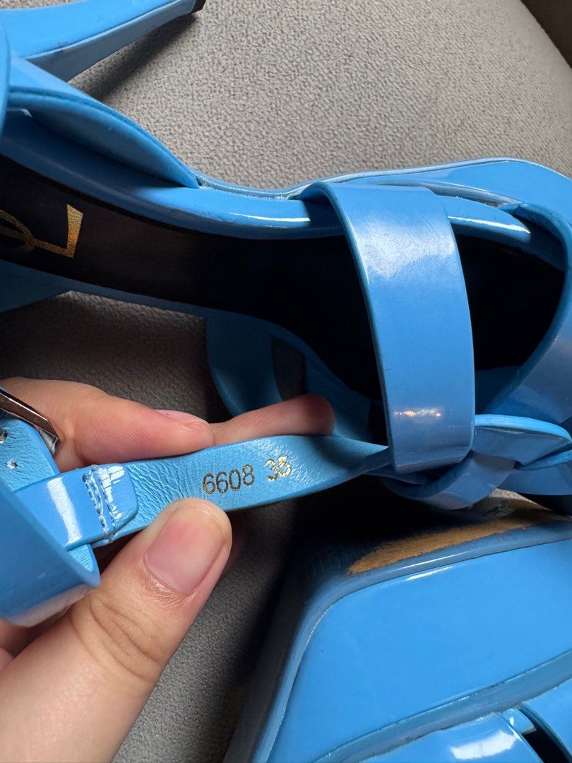 YSL Tribute Platform Sandals Blue Patent Leather (Category: Heels) located in Manila. Submitted by ninibuys00 (Listing ID 1403377203, Image 3). Description: YSL Tribute Sandals Color - Blue Size - 35 EU Authentic Slightly negotiable RFS: Helping my sister declutter and sell her pre-loved heels. .