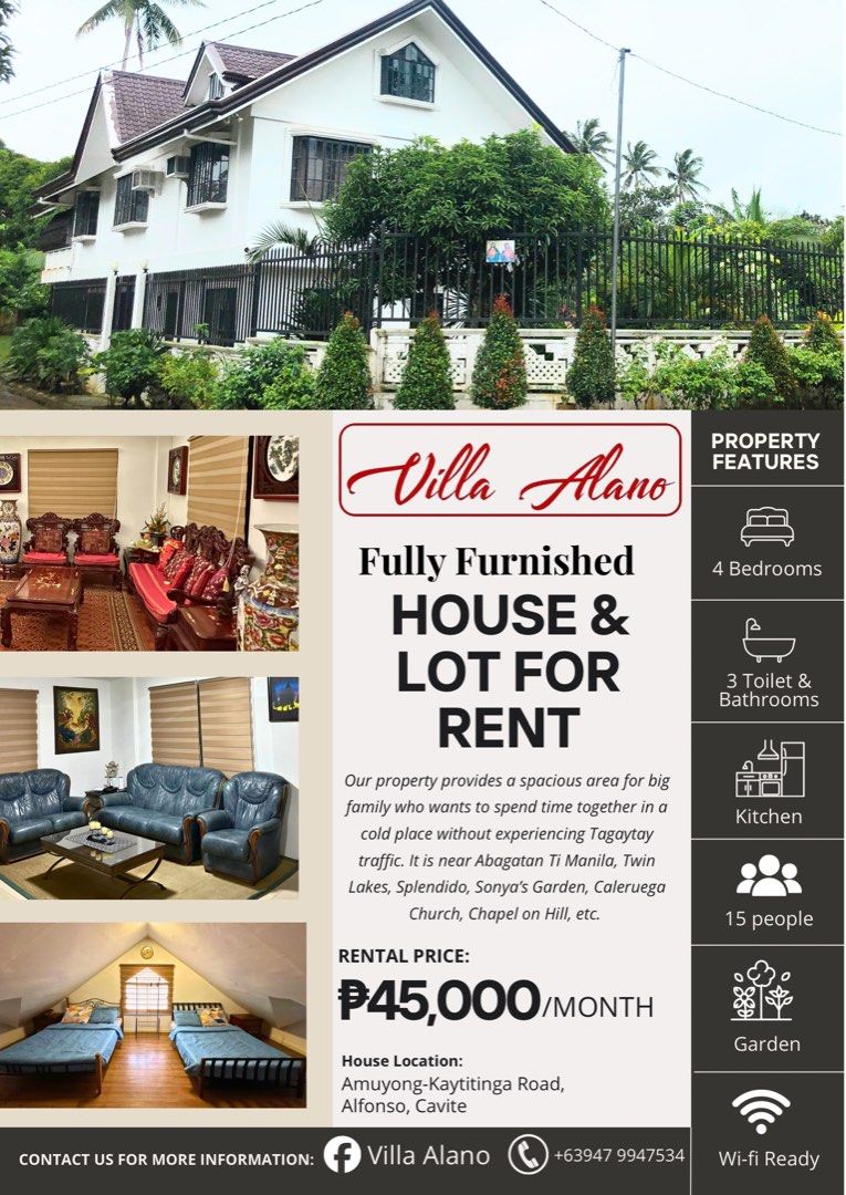Alfonso, Cavite House & Lot for Rent (Category: House & Lot) located in Quezon City. Submitted by cutin328 (Listing ID 1403552865, Image 1). Description: Alfonso, Cavite Fully Furnished House & Lot for RENT -4-5 Bedrooms -3 T&B -Spacious Garden -₱35,000,000/month -excluding utility bills (electric, water & wifi) -Wifi Ready.