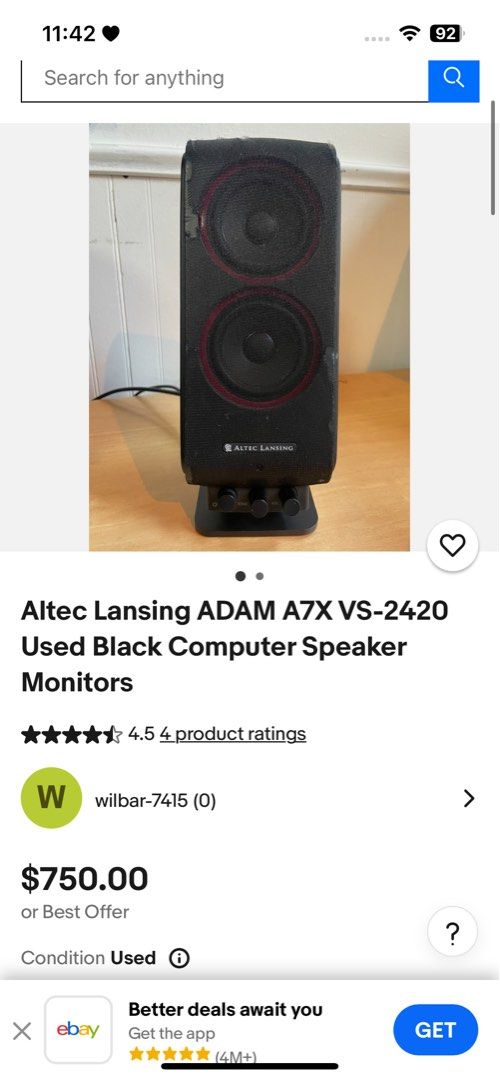 Altec Lansing ADAM A7X VS-2420 Speakers (Category: Soundbars, Speakers & Amplifiers) located in Pilar. Submitted by faveanyshop (Listing ID 1403571501, Image 2). Description: Altec Lansing ADAM A7X VS-2420 computer speakers. Features a black design with red accents. Includes volume control. The speakers are shown playing music from a mobile phone. Perfect for enhancing your audio experience. Great for desktop setups. Aux with bass and treble adju