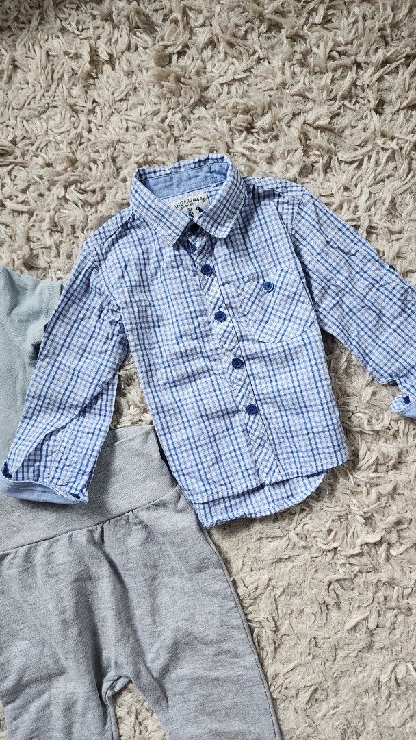 Baby Boy Clothes Set - 3/-6 Months (Category: Babies & Kids Fashion) located in Muntinlupa City. Submitted by 7tablespoons (Listing ID 1403466066, Image 2). Description: - Blue checkered button-down shirt (Gingersnaps, size 6) - Light blue bodysuit with truck design - Gray pants (3/6 months) - Perfect for your baby!.