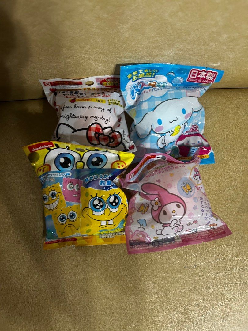 Bath balls from Japan (with toy inside) (Category: Bathtub & Bath Accessories) located in Quezon City. Submitted by samsontech (Listing ID 1403588035, Image 1). Description: Location: Mindanao Ave QC Delivery to be arranged Bath balls bought from Japan -Spongebob -My Melody -Hello Kitty -Cinnamonroll Once bath ball melts, toy inside will be revealed 350 each .