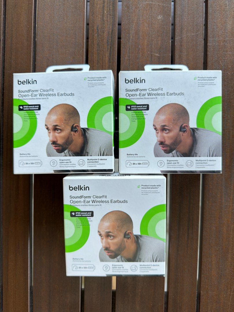Belkin Clearfit Open Earphones (Category: Headphones & Headsets) located in Makati City. Submitted by quality_sale (Listing ID 1403533824, Image 1). Description: At a Glance Open-ear design features solid bass response while allowing sound from surroundings to come through Secure and comfortable fit Extended battery life brings 8 hours of nonstop playtime, with an additional 18 hours of battery life in the charging case Bluetooth multipoint techn