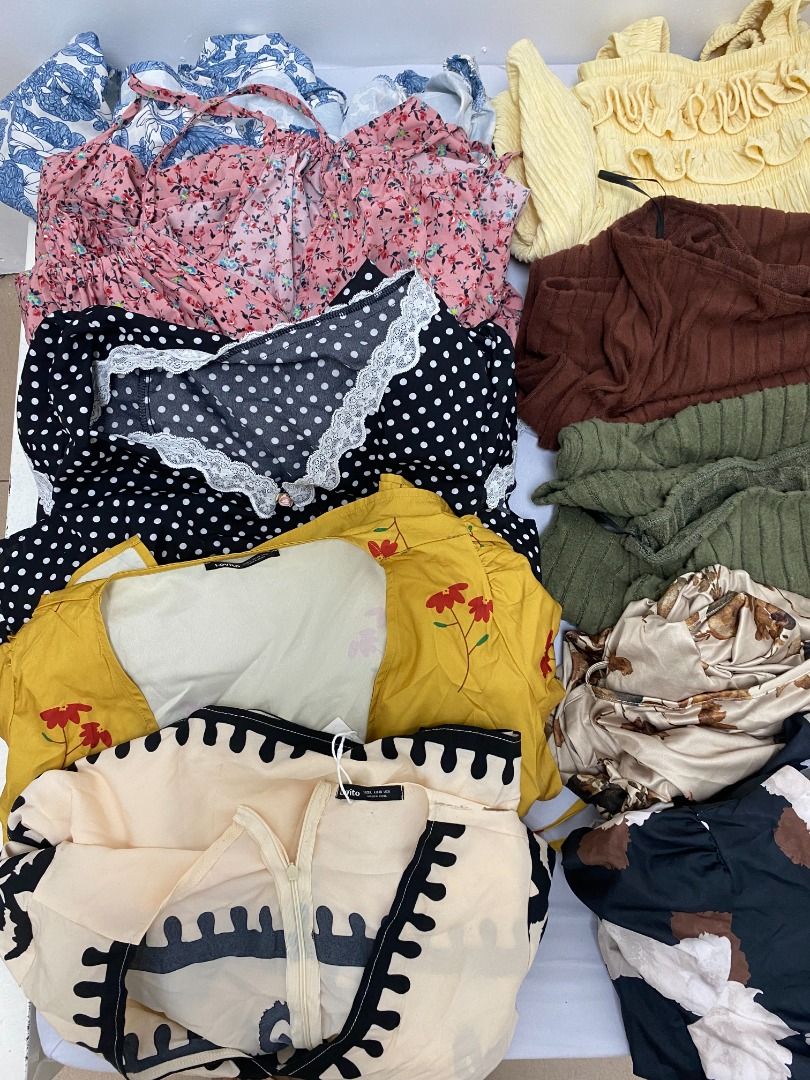 BRAND NEW + Preloved Assorted Tops and Bottoms (Category: Blouses) located in Bacoor. Submitted by rainfinds (Listing ID 1403554190, Image 2). Description: - Brands: Cotton On, UNIQLO, SHEIN, Lovito - Original total worth: ₱15,000+, now selling LOW for ₱4,999 - 30+ assorted pieces of tops and bottoms - Styles include floral, solid colors, and patterned designs - Items include 3 jeans, 14 dresses, 12 blouses, 1 jacket, 1 swimwear, and a shawl - Si
