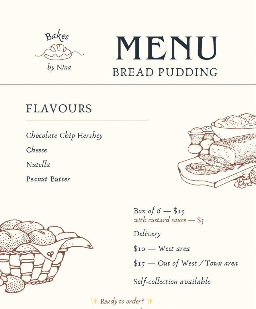 Bread pudding (Category: Homemade Bakes) located in Singapore. Submitted by nia95694 (Listing ID 1403558806, Image 1). Description: - Homemade Bread Pudding open for Xmas or NYE orders ! - Flavors: Chocolate Chip Hershey, Cheese, Nutella, Peanut Butter - Box of 6 available - Custard sauce option - Delivery - Self-collection available - Ready to order!.