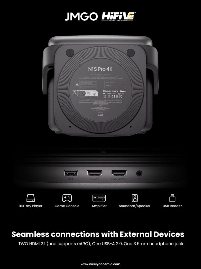 JMGO N1S Pro 4K Projector (Category: Projectors) located in Caloocan City. Submitted by hifivebynicelydone (Listing ID 1403491273, Image 3). Description: Experience stunning 4K visuals with the JMGO N1S Pro projector. Enjoy rich colors, high contrast, and an immersive home entertainment experience..