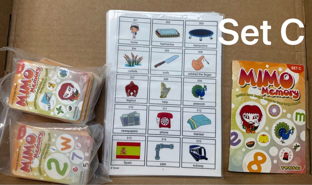 MIMO memory set (Category: Educational & Learning Toys) located in Singapore. Submitted by zaraoa (Listing ID 1403612849, Image 3). Description: Bought from Toa Payoh branch. Condition like new — cards and booklet hardly used. I mostly used my own printed copy of the word list, which is included too. $8 per set Great for Shichida-style home practice or visual memory games. .