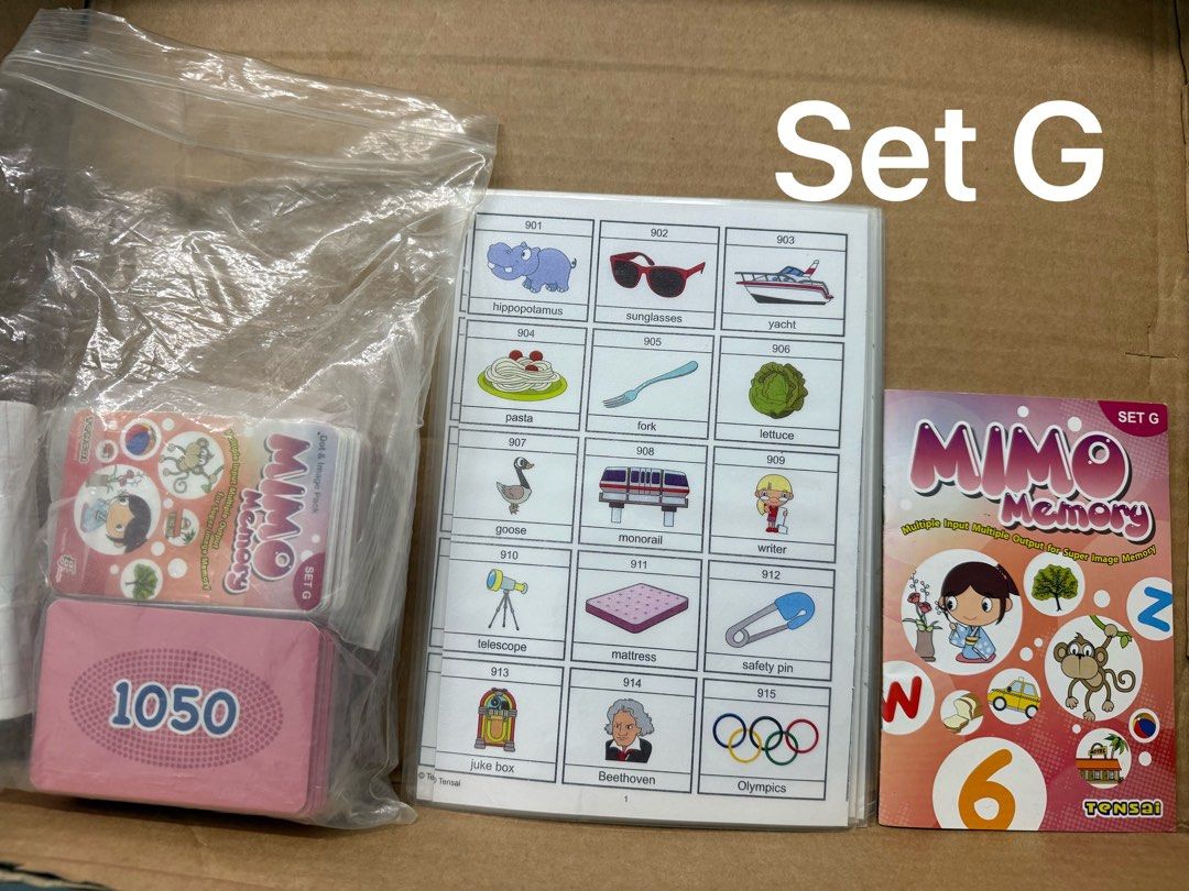MIMO memory set (Category: Educational & Learning Toys) located in Singapore. Submitted by zaraoa (Listing ID 1403612849, Image 4). Description: Bought from Toa Payoh branch. Condition like new — cards and booklet hardly used. I mostly used my own printed copy of the word list, which is included too. $8 per set Great for Shichida-style home practice or visual memory games. .