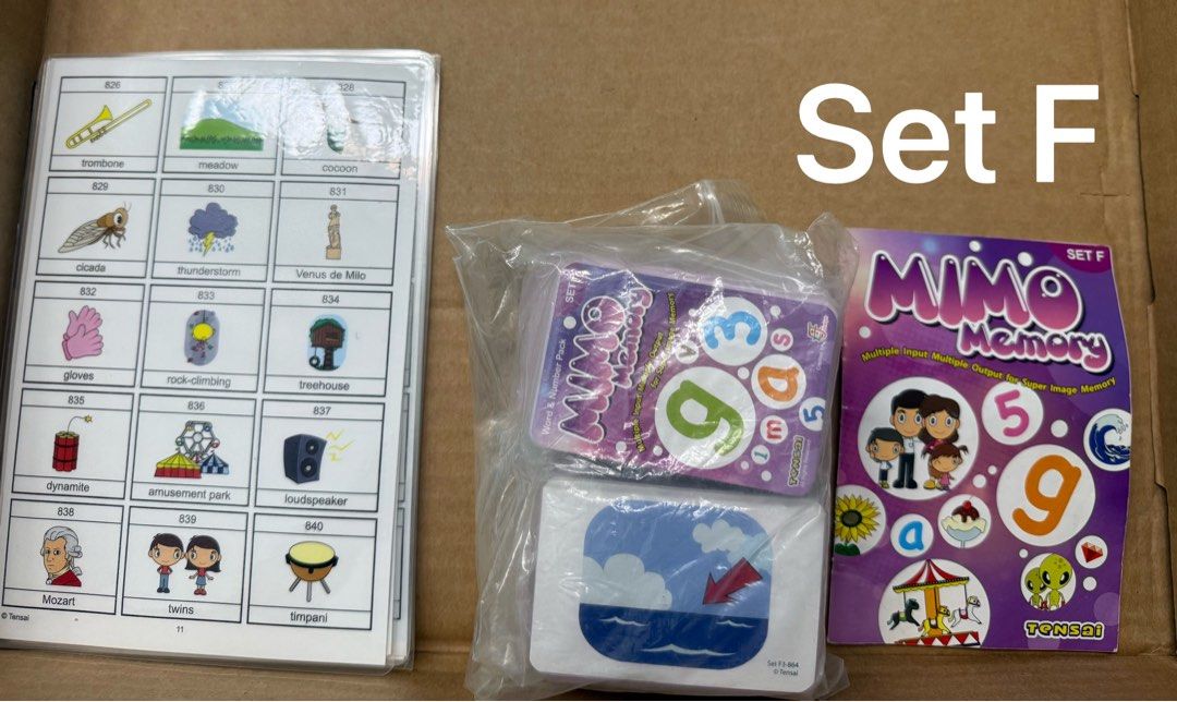 MIMO memory set (Category: Educational & Learning Toys) located in Singapore. Submitted by zaraoa (Listing ID 1403612849, Image 1). Description: Bought from Toa Payoh branch. Condition like new — cards and booklet hardly used. I mostly used my own printed copy of the word list, which is included too. $8 per set Great for Shichida-style home practice or visual memory games. .