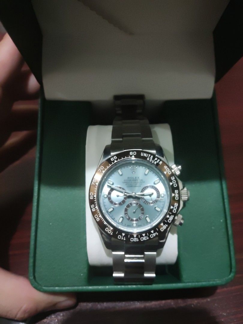 Rolex Daytona (Platinum) Clone (Category: Luxury Watches) located in Lapu-Lapu City. Submitted by lui96 (Listing ID 1403520225, Image 2). Description: Rolex Daytona Platinum (50th Anniversary) Clone, no scratches. Rarely used (4 times only during shoots). Complete with links and accessories. Can meetup or ship. PM me for fast transaction. Thank you..