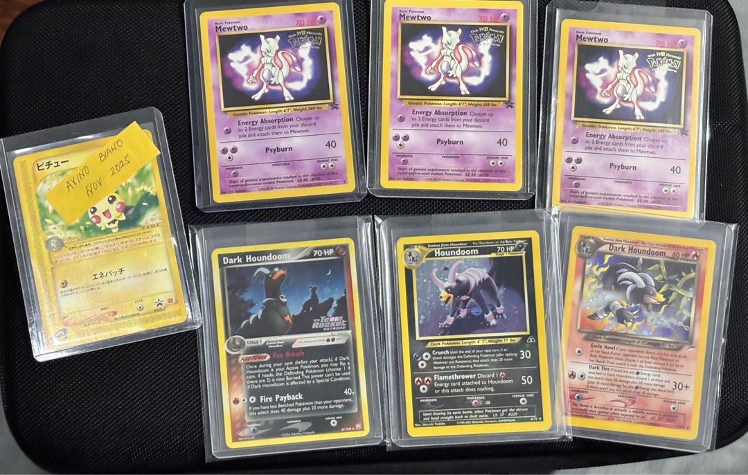 Pokemon cards vintage (Category: Raw Singles) located in Manila. Submitted by abb88 (Listing ID 1403557823, Image 2). Description: Cards for sale Mewtwo promo NM 2200 Mewtwo promo NM 2200 Mewtwo promo LP 1700 Dark houndoom NM front LP back ( SOLD ) Houndoom neo discovery NM ₱ 3850 Houndoom Neo Destiny NM ₱ 7250 Dark Blastoise MP ₱2250 Dark dragonite MP ₱2250 Vaporeon LP ₱800 ok Dark Dugtrio NM ₱1150 Dark machamp LP ₱ 1050 Haunter fossil LP MP ₱80