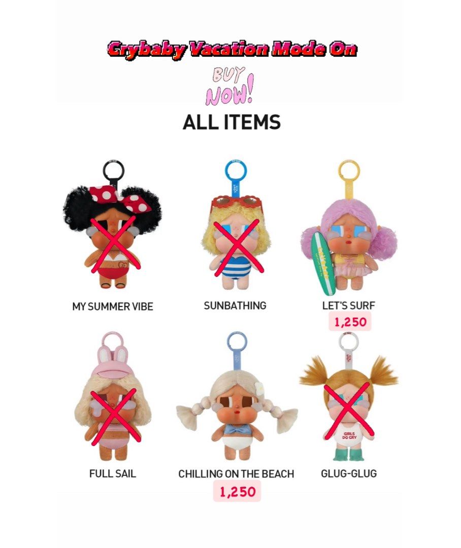 POPMART Crybaby Vacation Mode On (Category: Designer & Blind Box Toys) located in Paranaque City. Submitted by adaalvia (Listing ID 1403596998, Image 1). Description: Crybaby Vacation Mode On keychains! Choose from "Let's Surf" or "Chilling on the Beach". Cute Crybaby characters in vacation outfits. Price is per keychain. NO HAGGLING..