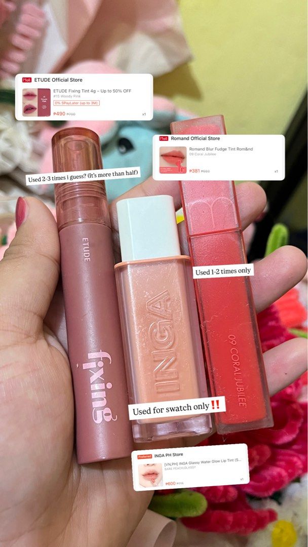 Pre-loved Makeup (Category: Makeup) located in Bulacan. Submitted by shopwithme_23 (Listing ID 1403499121, Image 1). Description: LIKE NEW‼️ Etude Fixing Tint - ₱300 INGA Glassy Water Glow - ₱ 500 Rom&nd Blur Tint - ₱250 📍TAKE ALL: 850 (last price) 💸MOP: Gcash 🚚MOD: J&T/Lalamove.