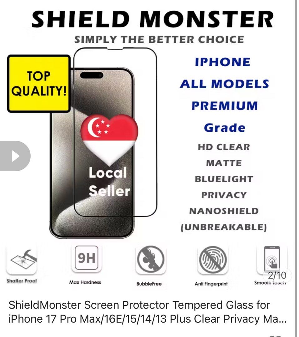 ShieldMonster iPhone Screen Protector & Phone Case (Category: Other Mobile & Gadget Accessories) located in Singapore. Submitted by myuky (Listing ID 1403578708, Image 1). Description: Bought wrong model for these two items: completely brand new, looking to sell both at price i got it for during flash sale + after using my own discount vouchers Model: iphone 15pro 1) Transparent phone casing (absorb pro) - orig price $7.99 2) Screen protector (fu