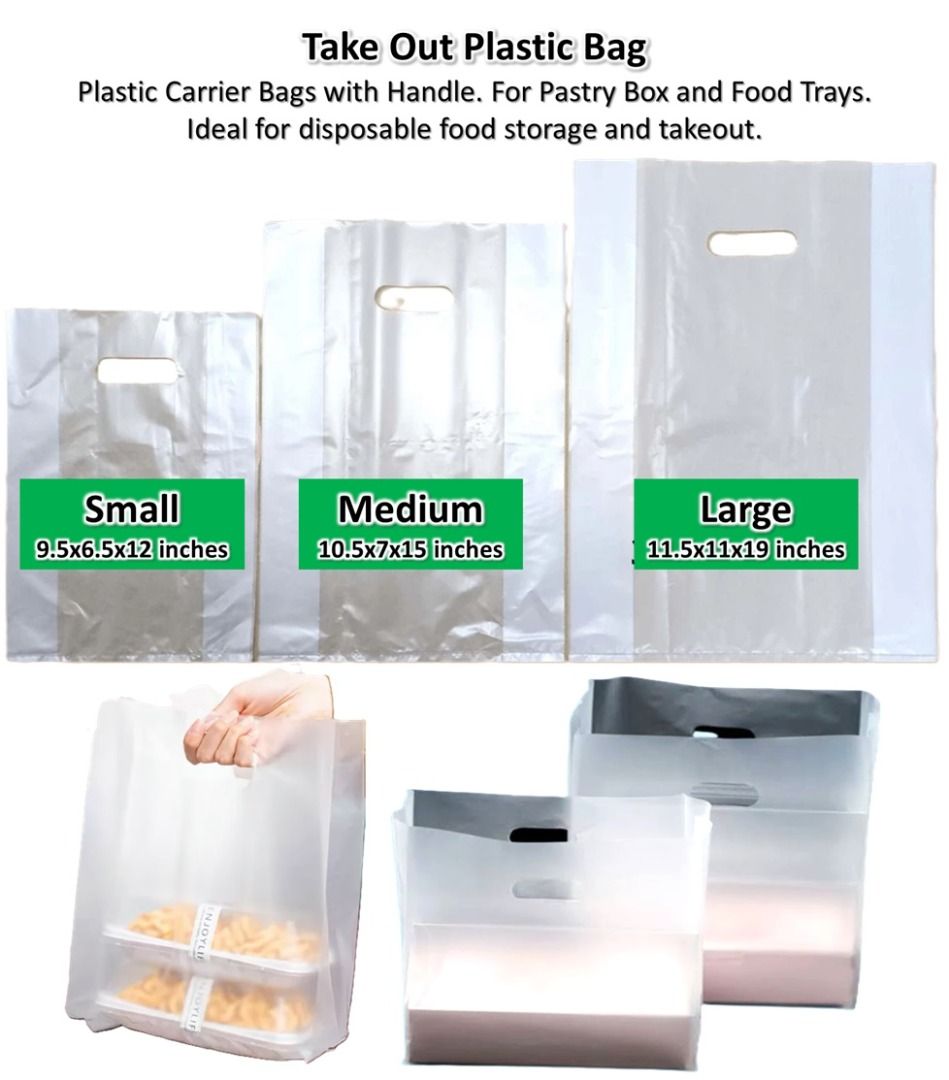 Take Out Plastic Bag / Plastic Carrier Bags with Handle (Category: Food Organization & Storage) located in Manila. Submitted by golden888onlineshop (Listing ID 1403508945, Image 1). Description: ✅ Take Out Plastic Bag Plastic Carrier Bags with Handle. For Pastry Box and Food Trays. Ideal for disposable food storage and takeout. Size (LxWxH): 🔅 Small - 9.5x6.5x12 inches 🔅 Medium - 10.5x7x15 inches 🔅 Large - 11.5x11x19 inches DIRECT MESSAGE FOR 