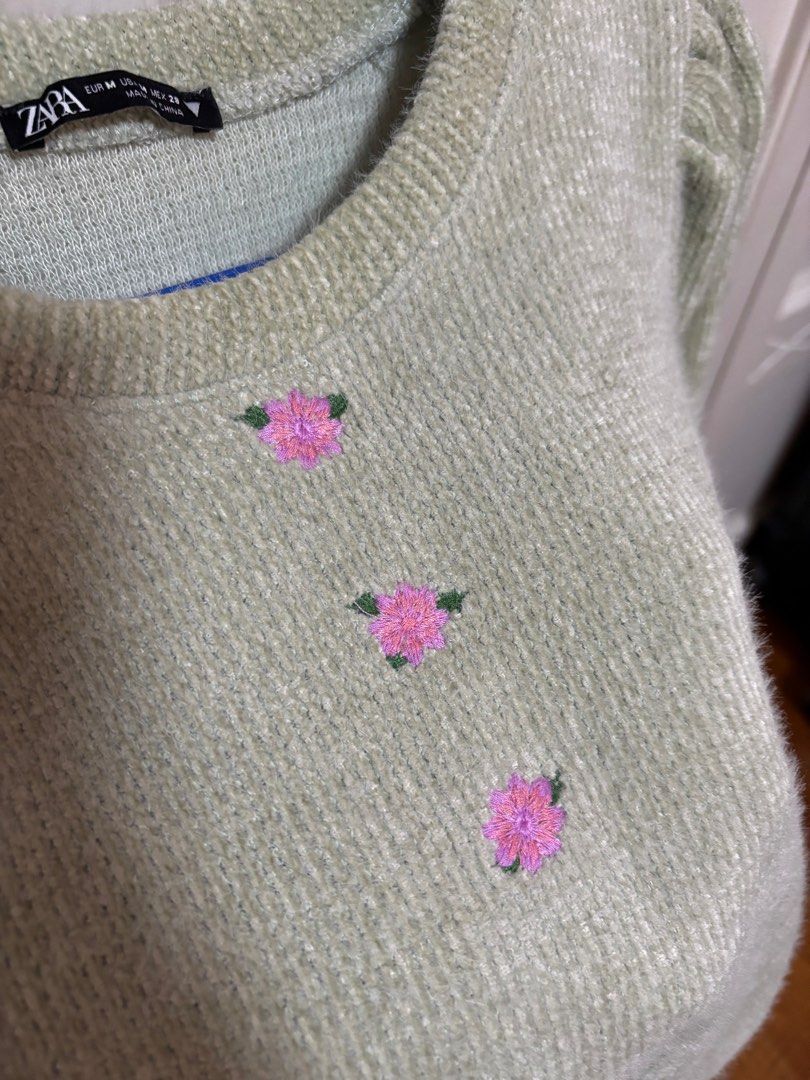 Zara Embroidered Puff Sleeve Sweater (Category: Others Tops) located in Quezon City. Submitted by cccarla_bc (Listing ID 1403489203, Image 2). Description: - Zara sweater - Embroidered floral details - Round neck - Puff sleeves - Light green color - Size M - semi cropped.