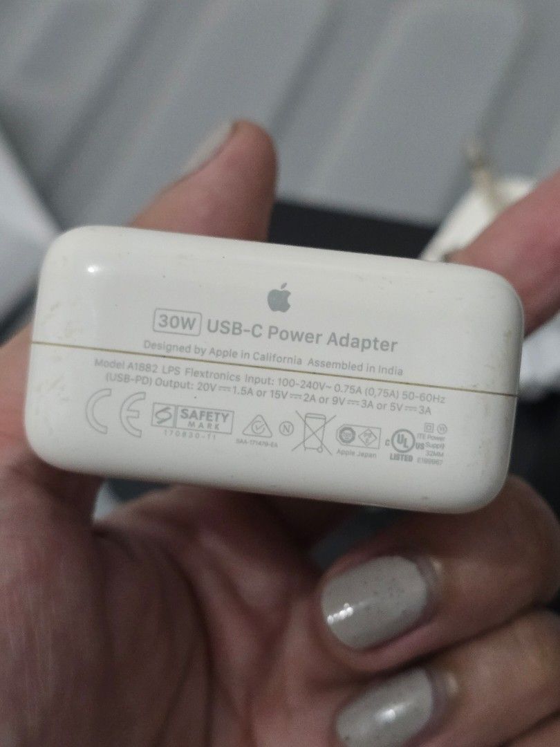 Apple 30W USB-C Power Adapter (Category: Chargers & Cables) located in Pasig City. Submitted by kimjayson (Listing ID 1403789026, Image 3). Description: Apple 30W USB-C Power Adapter. Includes the adapter and two plug attachments (UK & US. US plug is a bit rusty since I only use the UK one) model A2682. RFS - upgraded .