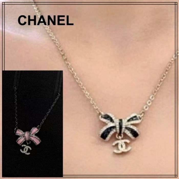 Authentic gold-tone Chanel CC pendant necklace (Category: Luxury Accessories) located in Caloocan City. Submitted by babe.mine (Listing ID 1403733284, Image 3). Description: Gold-tone Chanel CC pendant necklace featuring a bow motif and rhinestone embellishments.