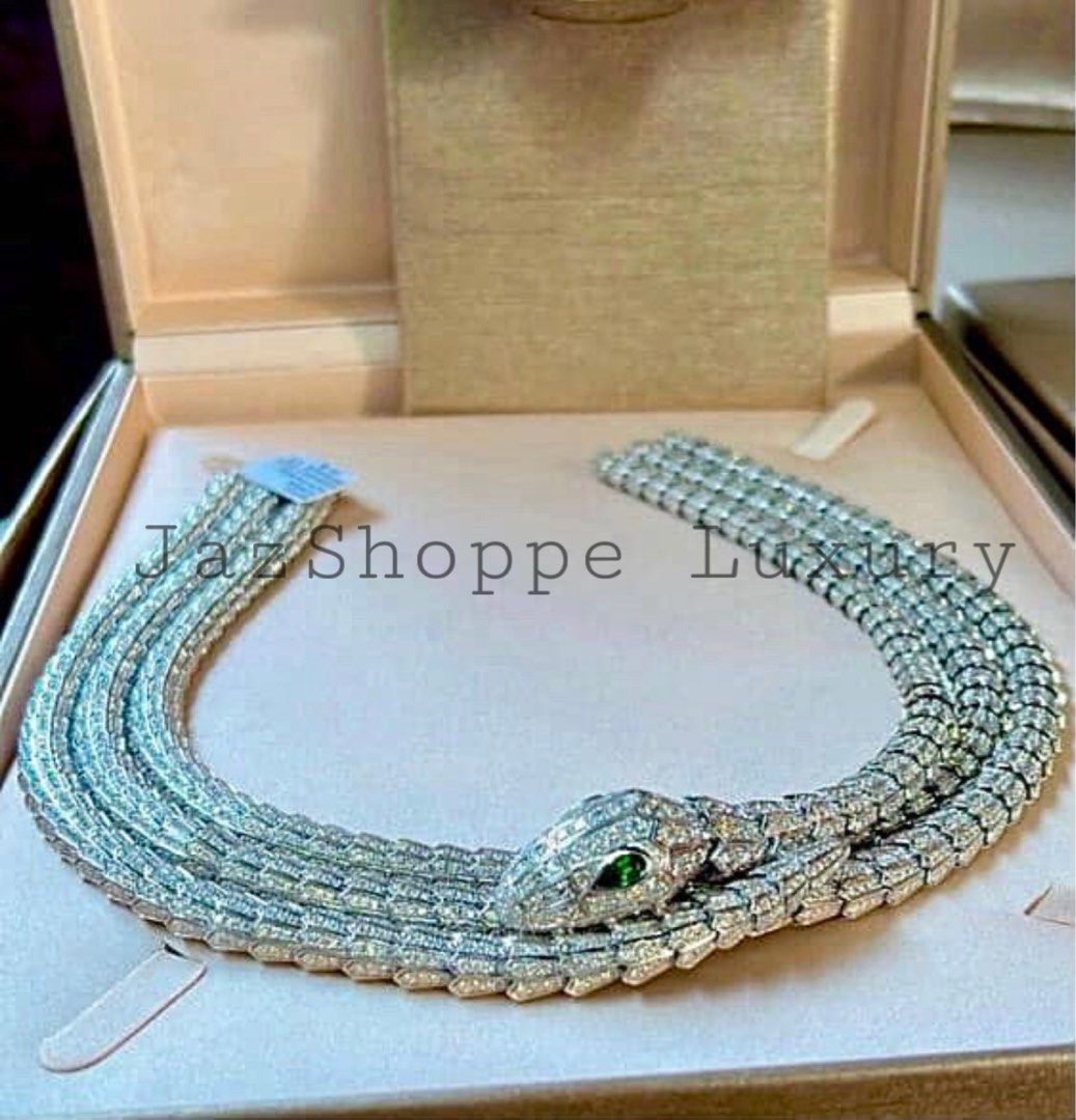 Bvlgari Serpenti Necklace (Category: Necklaces) located in Paranaque City. Submitted by destineshoppe (Listing ID 1403647177, Image 1). Description: COMPLETE SET BVLGARI SERPENTI INSPIRED NECKLACE! COMPLETE FULL SET WITH CARDS! HK SETTING! ( 100% like the Original one ) 18K WHITEGOLD: 233.45g Diamonds: 44.27ct/ 3504P Green Crystal: 0.35ct / 2P.