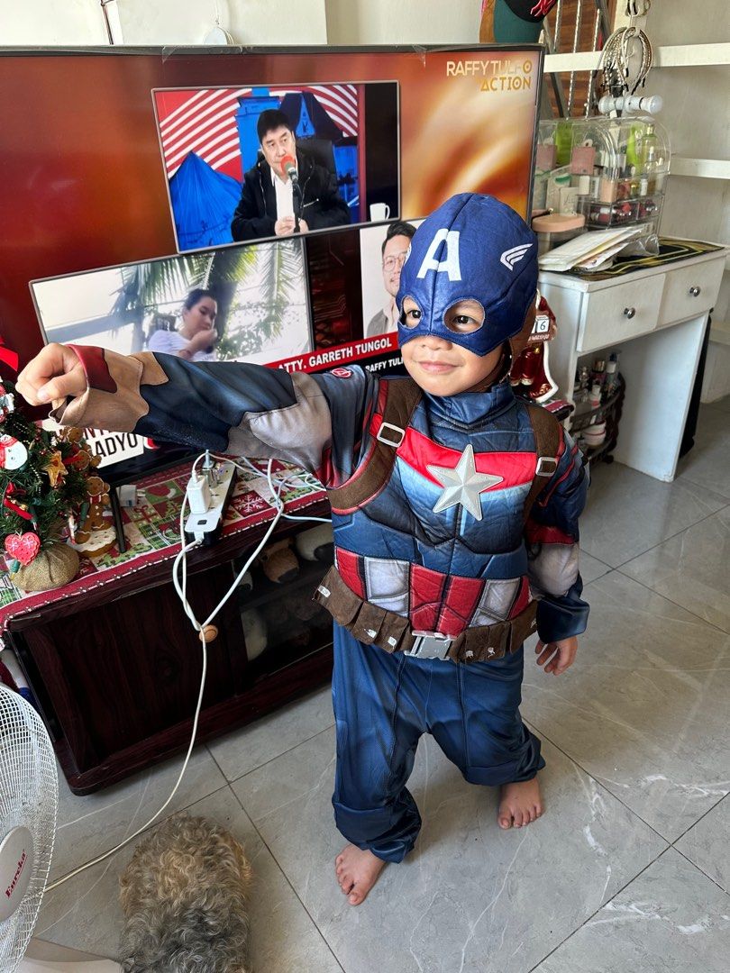 Captain America Costume for Kids (Category: Babies & Kids Fashion) located in Manila. Submitted by AngelResty (Listing ID 1403679503, Image 3). Description: - Captain America costume set. - Includes jumpsuit and mask. - Jumpsuit features: - Iconic Captain America design - Star on the chest - Belt - Mask features "A" logo. - Perfect for themed parties and dress-up..