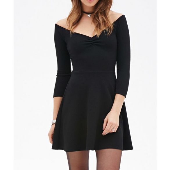 Forever 21 Black Off-Shoulder Dress (Category: Dresses) located in Makati City. Submitted by cdiana (Listing ID 1403665180, Image 1). Description: - Size: S/P - used once for an event - no when worn, actual Forever21 ad/model for reference - flaw: slight chipped anti-slip on the left side, see the last photo - Three-quarter length sleeves - Design: Fitted bodice with gathered bust, A-line skirt - Textured polyester fabric.