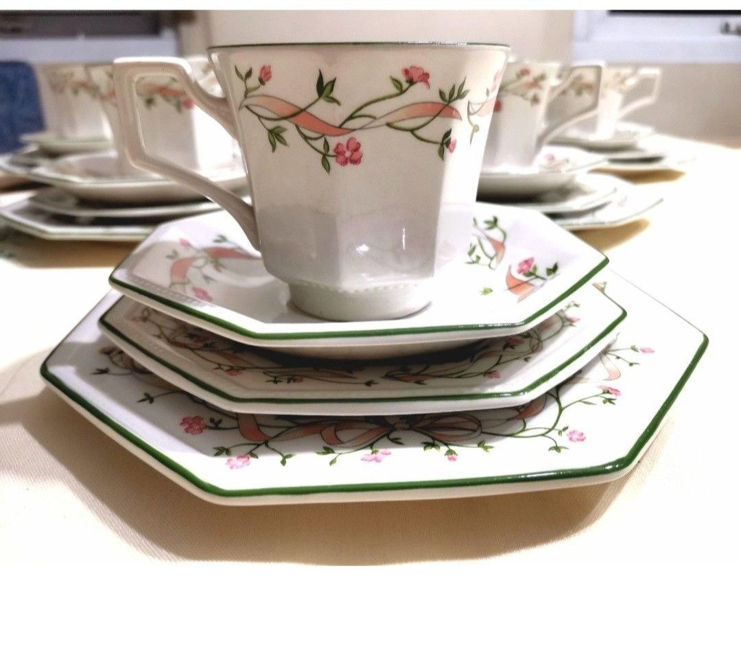 Johnson Brothers Eternal Beau Tea Set (Category: Coffee & Tea Tableware) located in Pasig City. Submitted by singledadreseller (Listing ID 1403672577, Image 3). Description: - Johnson Brothers Eternal Beau tea set - Includes teacups, saucers, plates, and creamer - Features a floral design with pink ribbons and green accents - Made in England - Perfect for serving tea or adding vintage charm Eternal Beau by Johnson brothers Very good condition 26 