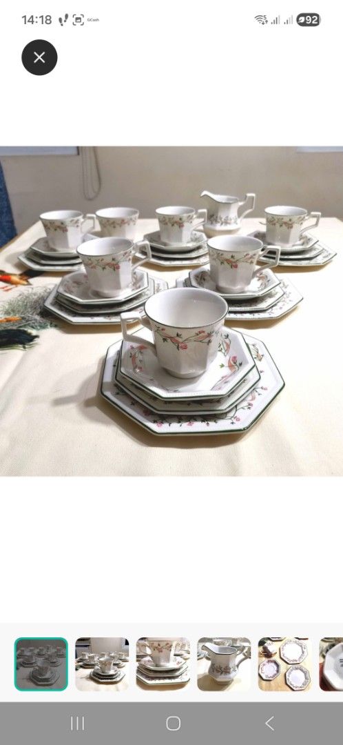 Johnson Brothers Eternal Beau Tea Set (Category: Coffee & Tea Tableware) located in Pasig City. Submitted by singledadreseller (Listing ID 1403672577, Image 1). Description: - Johnson Brothers Eternal Beau tea set - Includes teacups, saucers, plates, and creamer - Features a floral design with pink ribbons and green accents - Made in England - Perfect for serving tea or adding vintage charm Eternal Beau by Johnson brothers Very good condition 26 