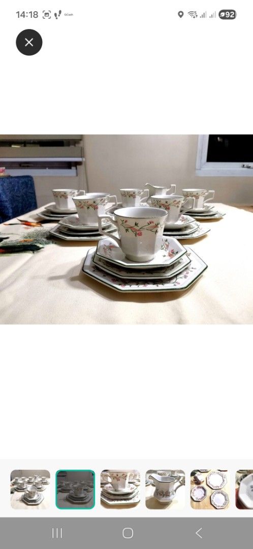 Johnson Brothers Eternal Beau Tea Set (Category: Coffee & Tea Tableware) located in Pasig City. Submitted by singledadreseller (Listing ID 1403672577, Image 2). Description: - Johnson Brothers Eternal Beau tea set - Includes teacups, saucers, plates, and creamer - Features a floral design with pink ribbons and green accents - Made in England - Perfect for serving tea or adding vintage charm Eternal Beau by Johnson brothers Very good condition 26 