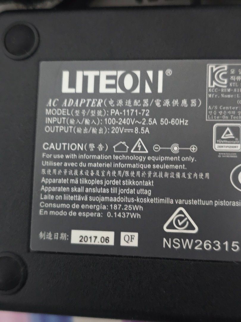 Liteon PA-1171-72 AC Adapter (Category: Cables & Adaptors) located in Pasig City. Submitted by kimjayson (Listing ID 1403791616, Image 2). Description: Genuine Liteon PA-1171-72 AC Adapter, which is a 170W power supply for laptops. Model: PA-1171-72 Output: 20V 8.5A (170W) Input: 100-240V ~ 2.5A, 50-60Hz Connector Size: 7.4 x 5.0mm with 1 pin in the center Compatibility: Designed for various Lenovo models, including some Thinkpad and Legion serie