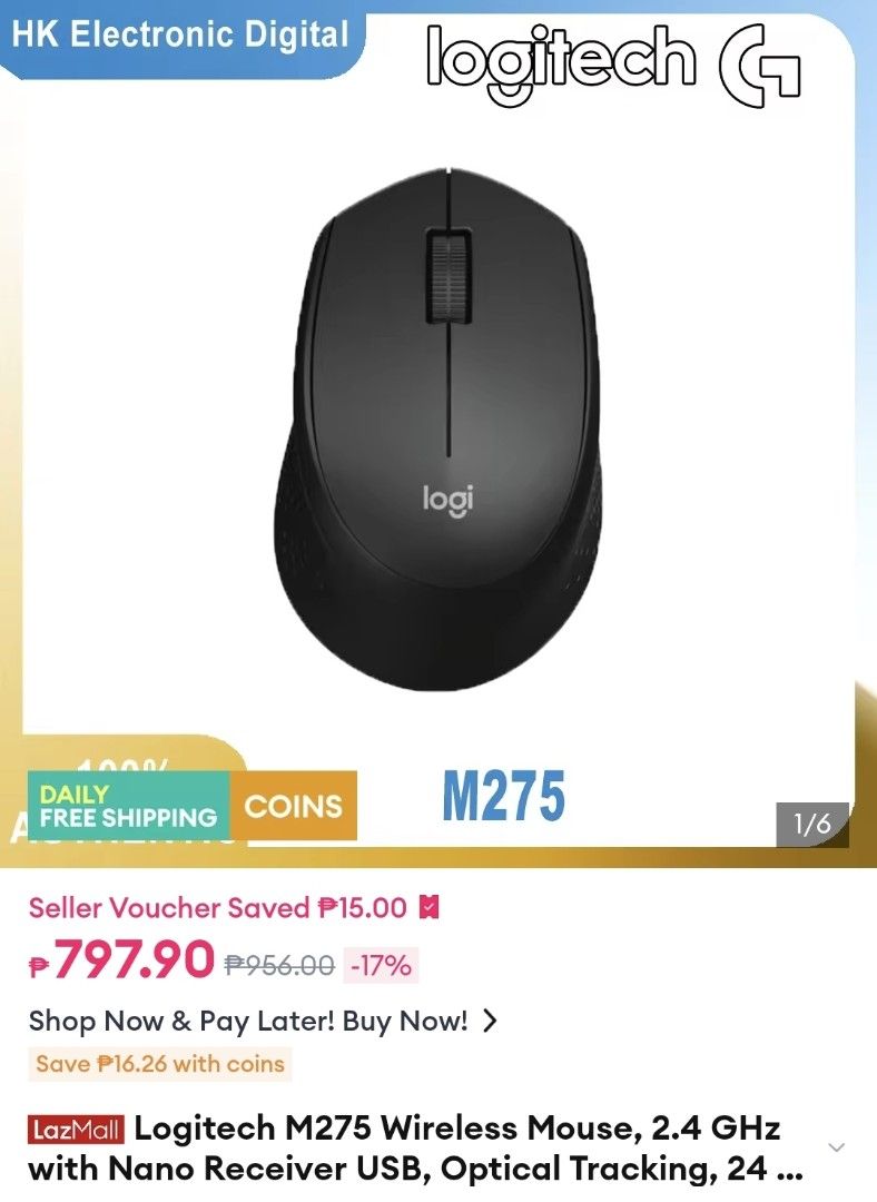 Logitech M275 Wireless Mouse (Category: Mouse & Mousepads) located in Pasig City. Submitted by kimjayson (Listing ID 1403789800, Image 2). Description: No issue. Barely used since my work provided an apple magic mouse..