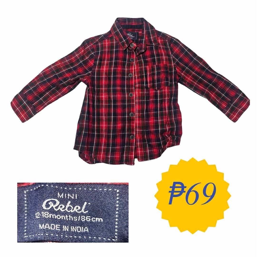 Mini Rebel Plaid Shirt 2-18 Months (Category: Babies & Kids Fashion) located in Manila. Submitted by lorainemo32612 (Listing ID 1403785980, Image 1). Description: - Mini Rebel plaid shirt - For babies 2-18 months - Classic red, white and black plaid pattern - Button-down front - Single chest pocket - Made in India.