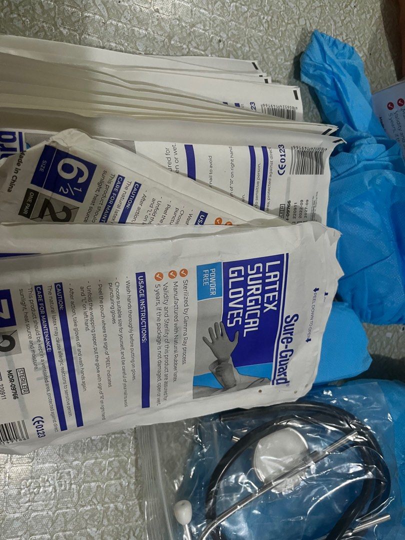 Nursing paraphernalia (Category: Medical Supplies & Tools) located in Manila. Submitted by toomanykatherineintheworld (Listing ID 1403726910, Image 1). Description: —₽250 take all only — 16 pairs of sterile gloves Stethoscope Shoe cover Can do meet up near munoment/SMGC Shipping to be shoulder by the buyer (J&T| lalamove).