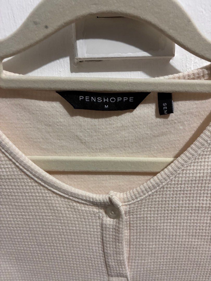Penshoppe waffle tee (Category: Blouses) located in San Fernando. Submitted by julieloops (Listing ID 1403703952, Image 2). Description: beige actual color Medium on tag rfs: decluttering, moving abroad .