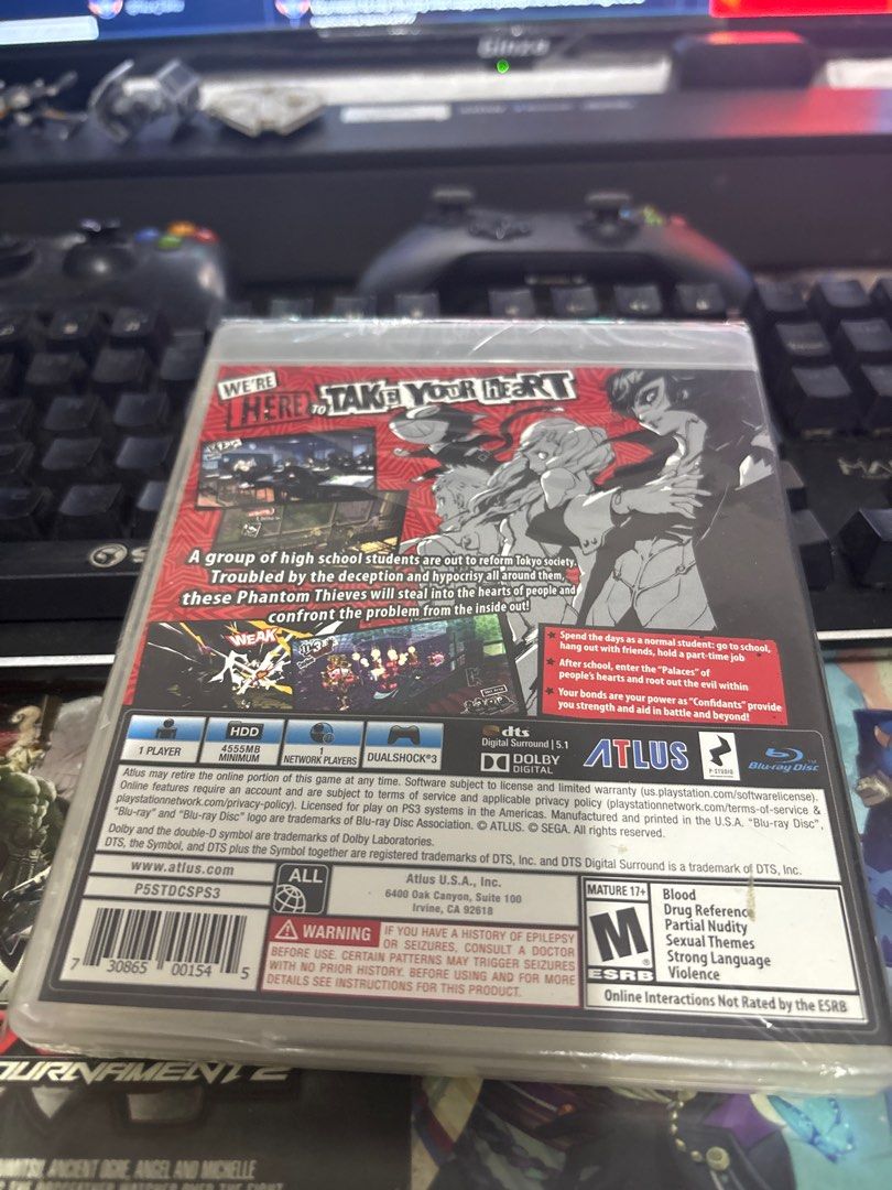 Persona 5 PS3 Game (Category: PlayStation) located in Manila. Submitted by avaritiahobbyshop (Listing ID 1403793835, Image 2). Description: Persona 5 for the PlayStation 3. The game is still sealed in its original packaging. It features a group of high school students who are out to reform society. The game is rated M for Mature. Published by Atlus. Item is old manage your expectations. No refunds. Visit my profile for more items you need!.