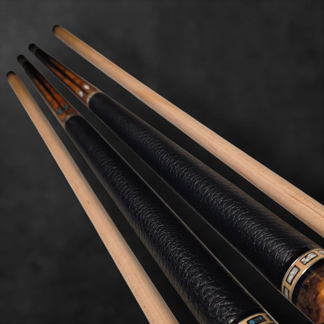 Prototype custom pool cues (Category: Billiards & Bowling) located in Singapore. Submitted by buganeal (Listing ID 1403786596, Image 3). Description: Hi guys! Up for grabs are 2 custom cues. These cues were part of our RnD process cues( materials matching) , they are full customs and are new and unplayed. They may however have very minor scratches or blemishes as they were test pieces ( artist proof). Both cues are share black stained maple forea
