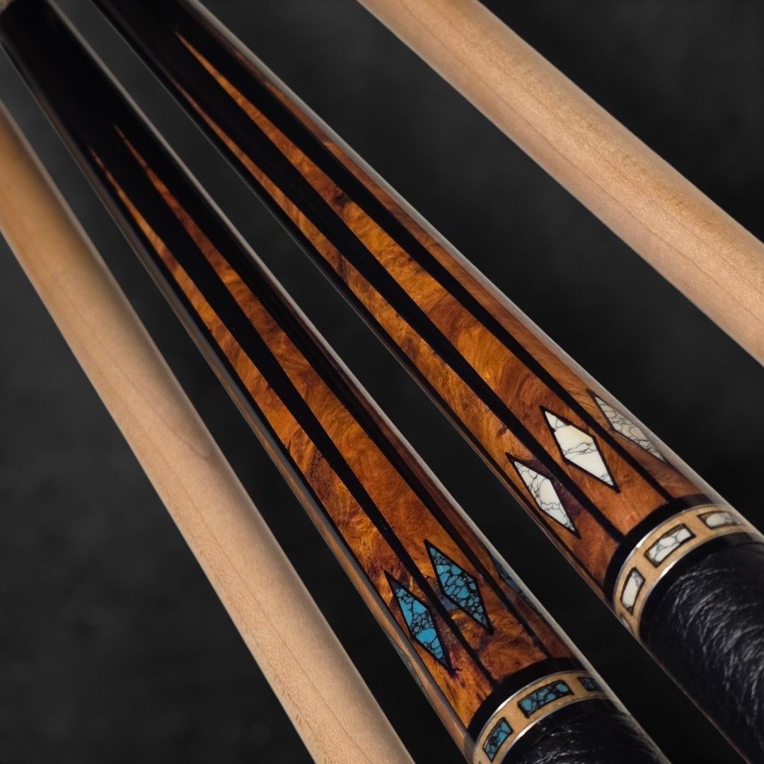 Prototype custom pool cues (Category: Billiards & Bowling) located in Singapore. Submitted by buganeal (Listing ID 1403786596, Image 2). Description: Hi guys! Up for grabs are 2 custom cues. These cues were part of our RnD process cues( materials matching) , they are full customs and are new and unplayed. They may however have very minor scratches or blemishes as they were test pieces ( artist proof). Both cues are share black stained maple forea