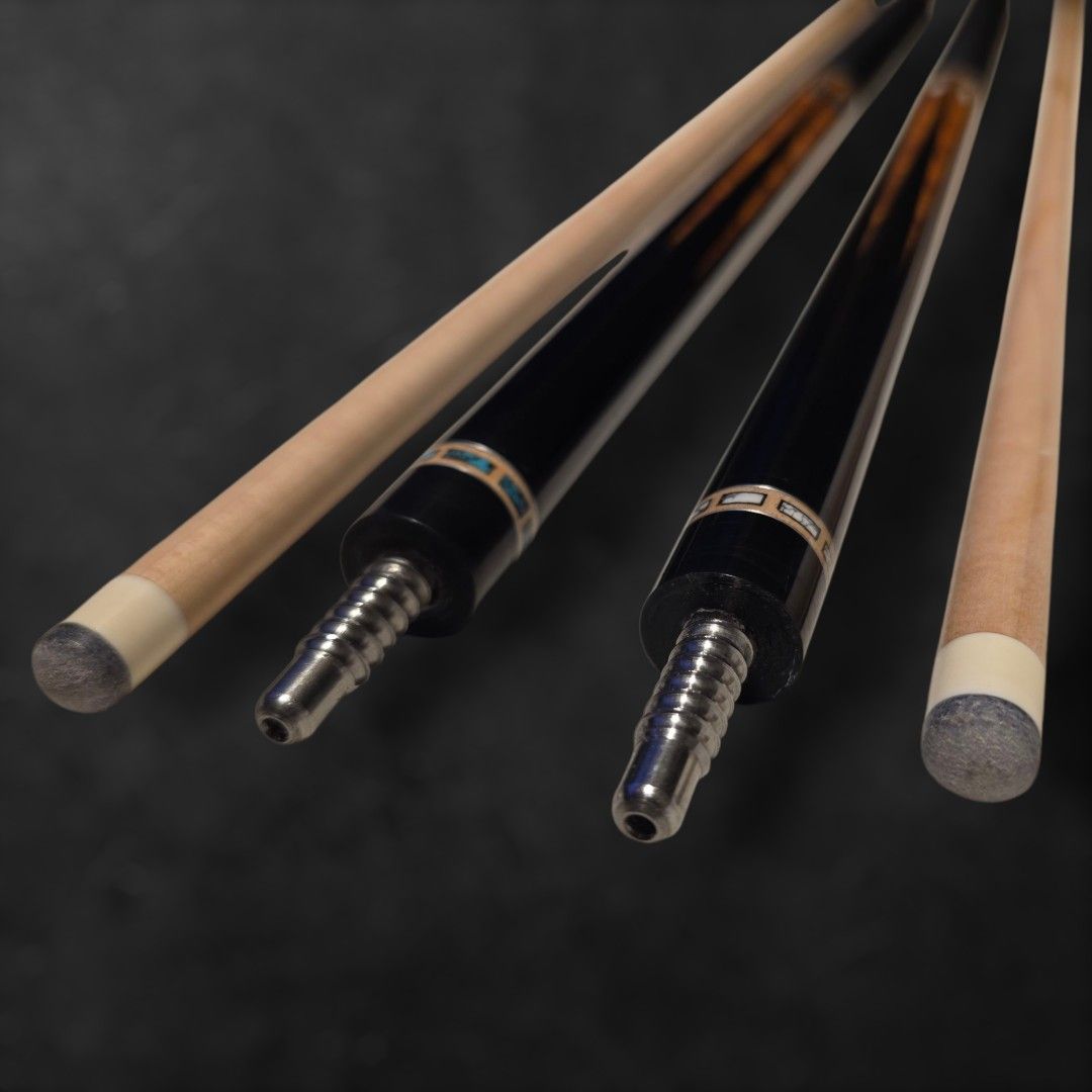 Prototype custom pool cues (Category: Billiards & Bowling) located in Singapore. Submitted by buganeal (Listing ID 1403786596, Image 5). Description: Hi guys! Up for grabs are 2 custom cues. These cues were part of our RnD process cues( materials matching) , they are full customs and are new and unplayed. They may however have very minor scratches or blemishes as they were test pieces ( artist proof). Both cues are share black stained maple forea