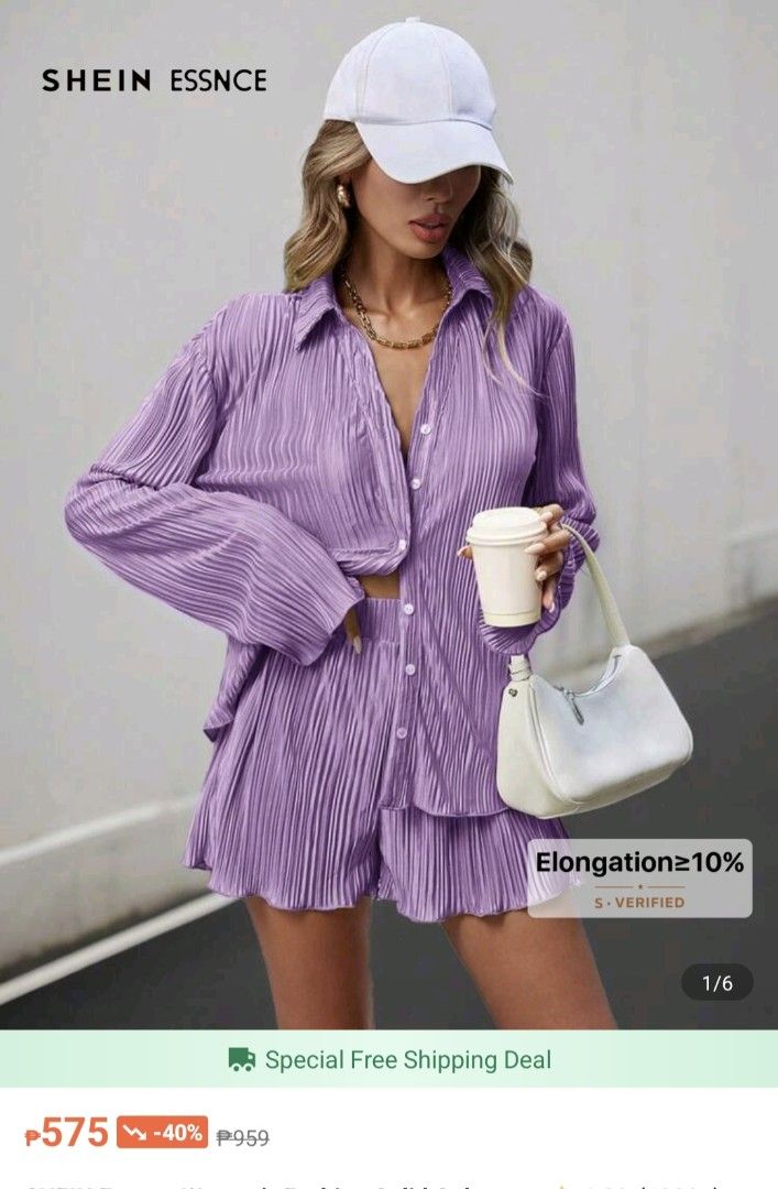 SHEIN ESSNCE Pleated Shorts Set (Category: Shorts) located in Valenzuela. Submitted by jayejo (Listing ID 1403667643, Image 1). Description: - SHEIN ESSNCE pleated shorts set - Includes a long-sleeved button-down shirt and matching shorts - Vibrant purple color - Comfortable and chic - Fabric has elongation of at least 10% - Free shipping!.