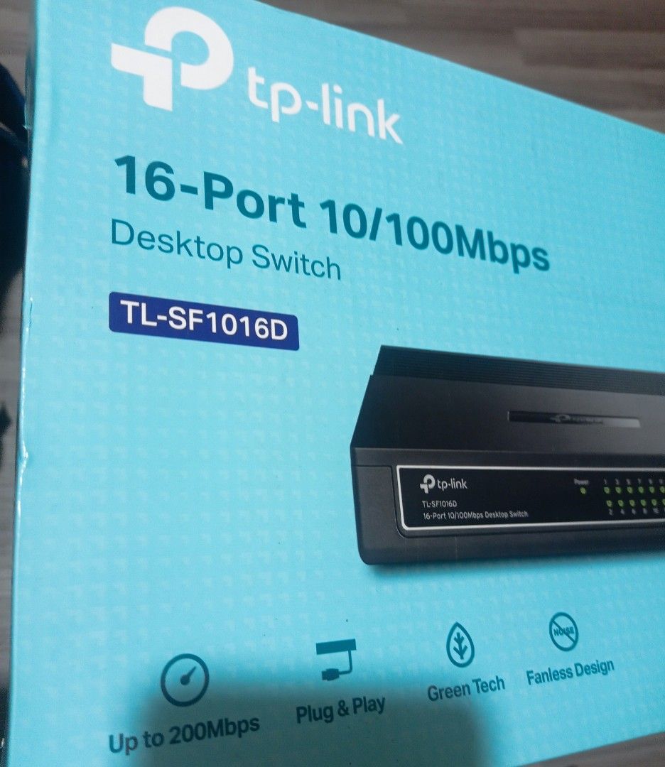 TP-Link 16-Port Desktop Switch TL-SF1016D (Category: Networking) located in Quezon City. Submitted by refugeemack (Listing ID 1403664402, Image 1). Description: TP-Link 16-Port 10/100Mbps Desktop Switch. Model TL-SF1016D. Designed for fast Ethernet network expansion for small offices and home offices. Features plug and play functionality and a fanless design. Supports up to 200Mbps. Includes the switch, power adapter, and power cable..