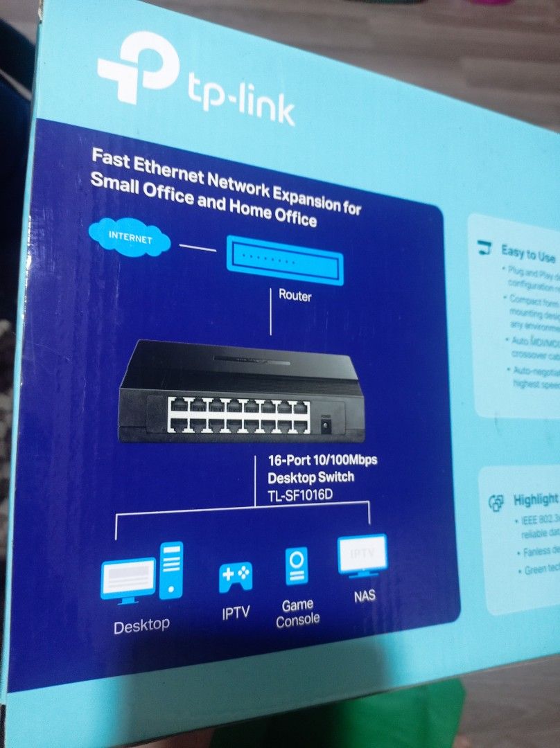 TP-Link 16-Port Desktop Switch TL-SF1016D (Category: Networking) located in Quezon City. Submitted by refugeemack (Listing ID 1403664402, Image 2). Description: TP-Link 16-Port 10/100Mbps Desktop Switch. Model TL-SF1016D. Designed for fast Ethernet network expansion for small offices and home offices. Features plug and play functionality and a fanless design. Supports up to 200Mbps. Includes the switch, power adapter, and power cable..