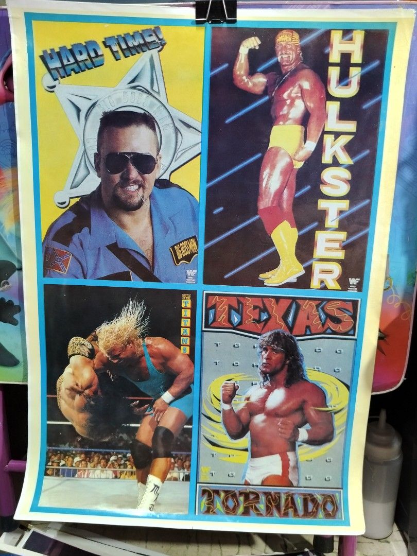 Vintage WWF Wrestling Poster (Category: Vintage Collectibles) located in Manila. Submitted by tawnycollectiblesshop (Listing ID 1403622709, Image 1). Description: - Vintage WWF wrestling poster - Features Hulk Hogan, The Texas Tornado, and more - Colorful design with wrestler images - Collectible item for wrestling fans - Likely from the 1980s or early 1990s.