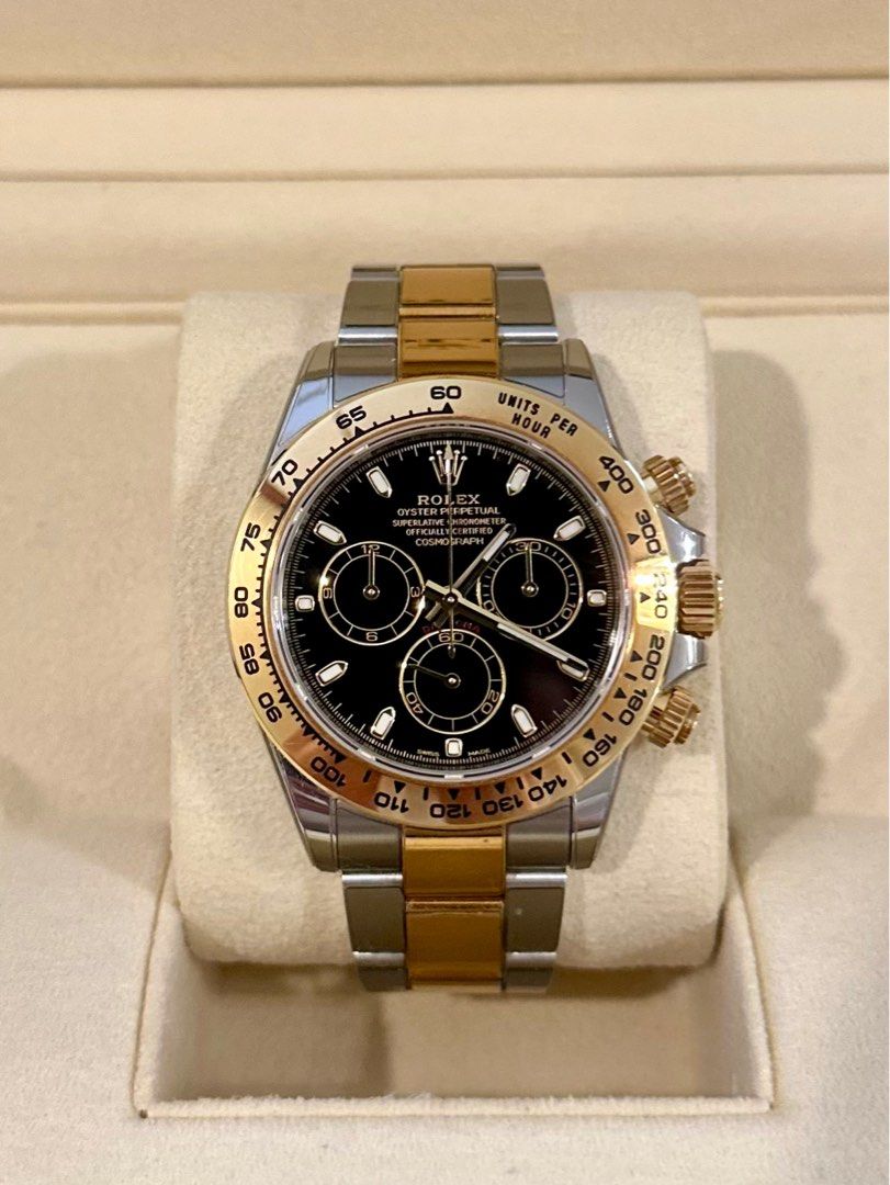 2019 Rolex Daytona Two Tone 116503 (Category: Luxury Watches) located in Manila. Submitted by hourglassgalleryph (Listing ID 1403960473, Image 1). Description: For Sale/ Trade : 🏷️ ₱1.085M only! - still negotiable 2019 Rolex Daytona Two Tone Yellow Gold Ref no. 116503 40mm SS + 18k Yellow Gold Case Dated 2019 Mint Like New 9.8/10 cond. w/ Full PPF Complete Set. Full Links. Open for Authentication. Guaranteed Authentic or Money Back. Meet ups : M