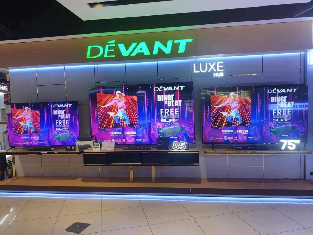 DEVANT LED SMART TV (Category: TV) located in Quezon City. Submitted by maryann.dimalanta (Listing ID 1403960648, Image 1). Description: DEVANT LED SMART TV SMART LED TV 32STW102-8,800 43STW101- 13,500 43STW102- 13,500 UHD TV 43UHD206- 14,100 55UHW201-18,800 65UHD206-29,250 75UHD206-41,600 QUANTUM TV 50QUHV06-20,800 55QUHV06- 22,350 65QUHV06- 33,100 50QUHW01-17,700 55QUHW201-22,350 65QUHW01-33,100 85UHW201-64,300 98UHW201-104,800 free sb50 Brand 
