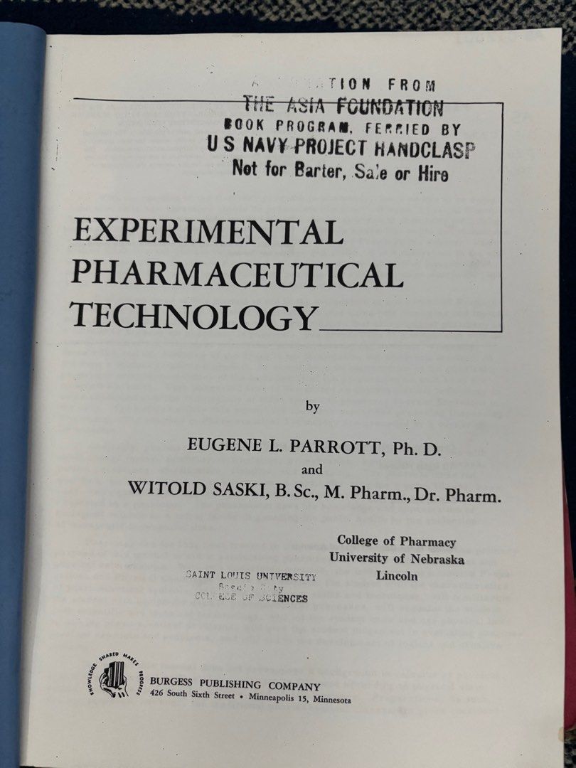 Experimental Pharmaceutical Technology Textbook (Category: Textbooks) located in Balanga. Submitted by karbor (Listing ID 1403907243, Image 2). Description: - Experimental Pharmaceutical Technology by Parrott & Saski (Burgess Publishing Company) - for pharmacy students or professionals. - Book-bound photocopy print only - With plastic cover 📍Available for meetup in Bataan (Doña Francisca Subdivision or SM City Bataan). 📦 Shipping via LBC or JRS