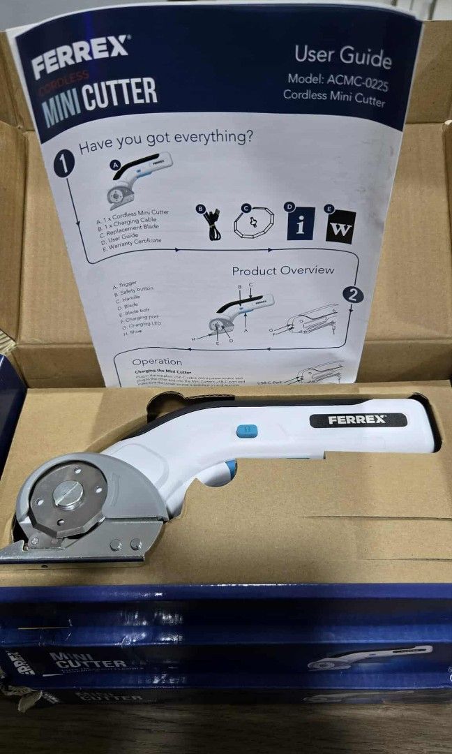 FERREX MINI CUTTER (Category: Construction Tools & Equipment) located in Bulacan. Submitted by iamvanillapeach (Listing ID 1403809096, Image 1). Description: Ferrex Cordless Mini Cutter (Cuts through Flexible materials(Paper,card, Vinyl,felt,quilting,leather. -rechargable -max cutting depth:5mm New/mall pullout/good working condition.